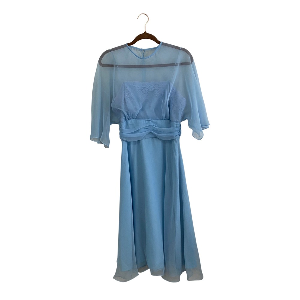 VTG Miss Elliette 70s Pastel Chiffon Dress Set Capelet Blue Coquette‎ Cottage 12